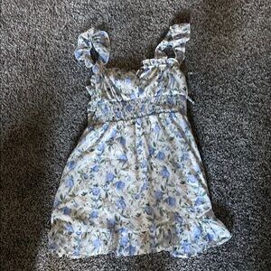 Floral Ruffle Dress with Blue and White Pattern